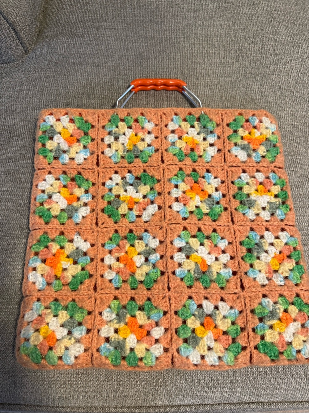 Vintage Granny Square Festival Mesh Lined Bag Orange and Green
